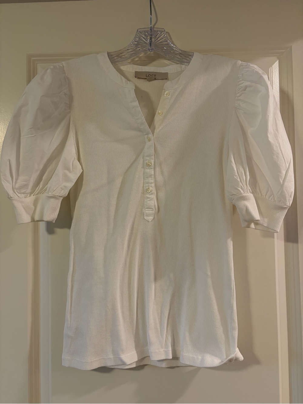 LOFT Puff Sleeve Henley Top in White XS